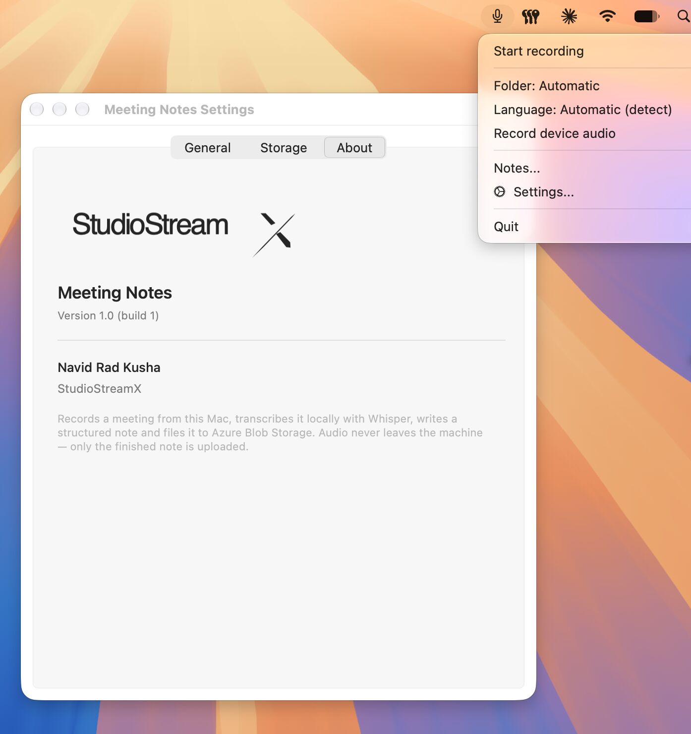 The app's menu bar dropdown showing Start recording, Folder: Automatic, Language: Automatic (detect) and Record device audio, beside a Meeting Notes settings window open on the About tab.